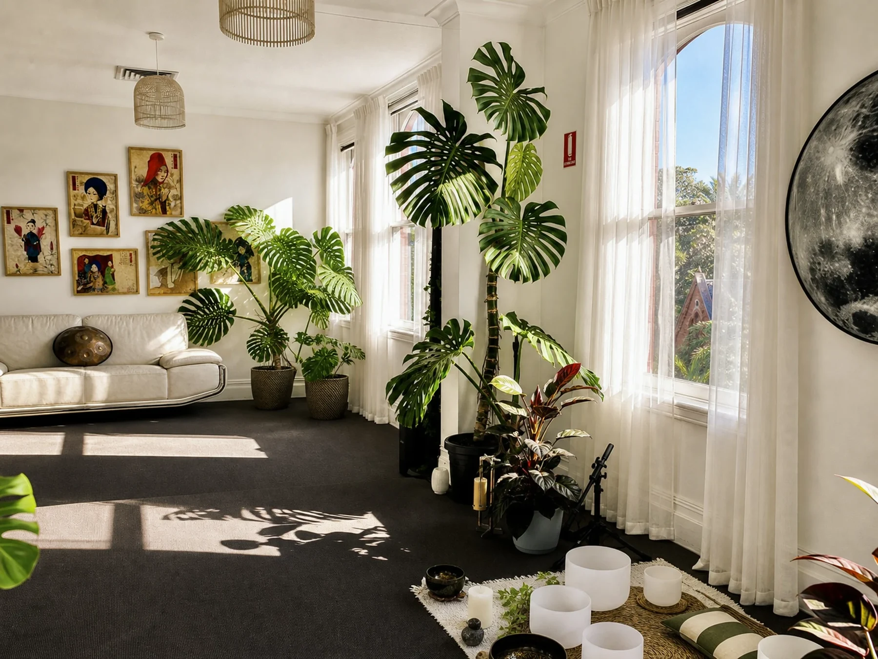 The Fire House studio in daylight — tall heritage windows, plants, the moon wall and crystal singing bowls