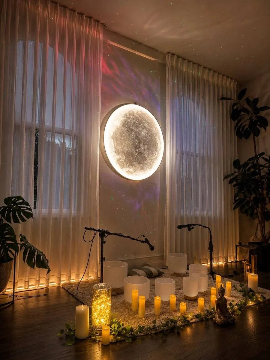 Candlelit moonlit sound healing setup at Mystic Wellness Petersham for rest and quiet