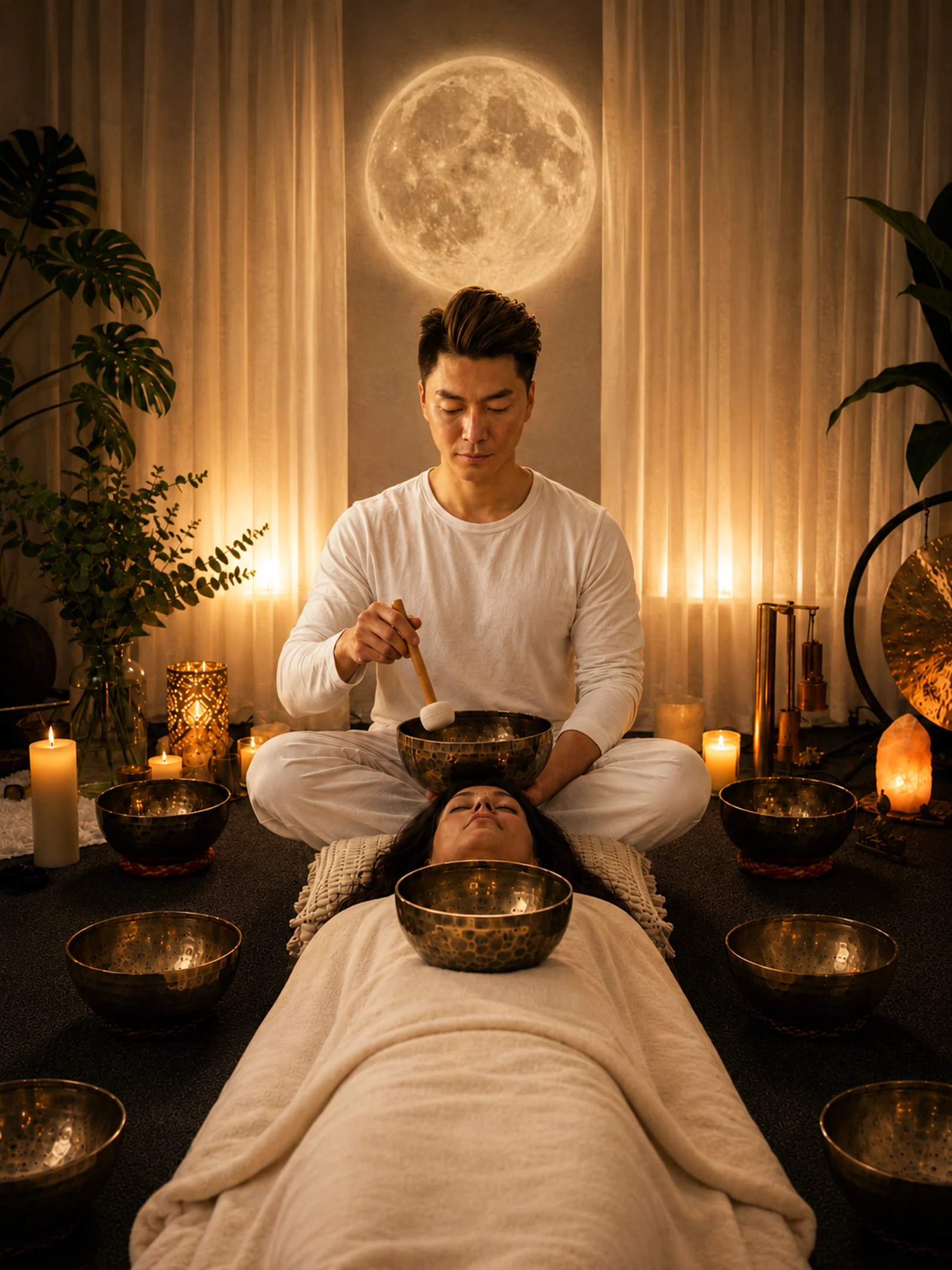 Phoenix sounding a singing bowl above a client during a private session